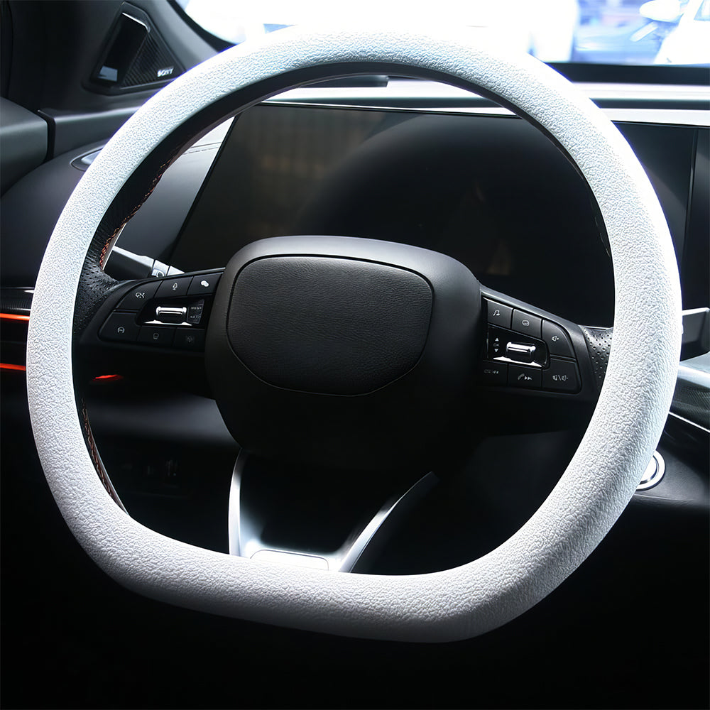 White Silicone Steering Wheel Cover, Leather Texture, Universal Fit
