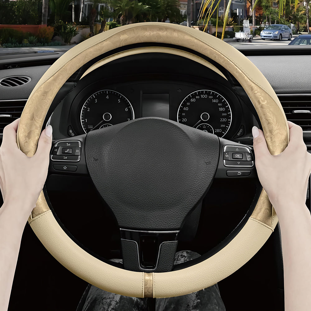 Gold Pattern PU Leather Steering Wheel Cover, Universal 14.5"β15.5"