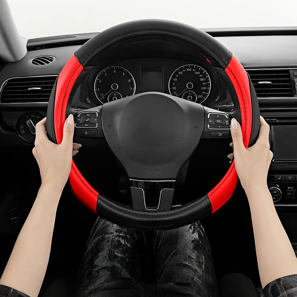 Universal 14.5"-15" Leather Steering Wheel Cover, Anti-Slip & Breathable