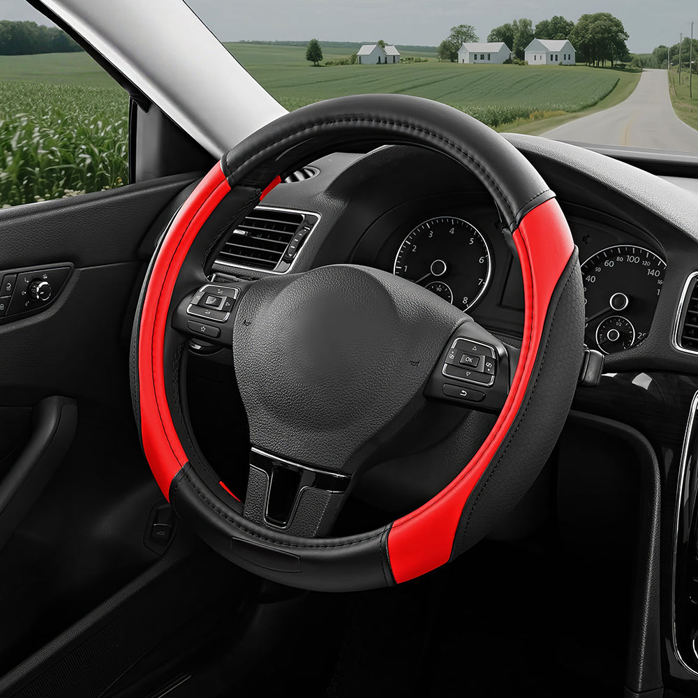 Universal 14.5"-15" Leather Steering Wheel Cover, Anti-Slip & Breathable