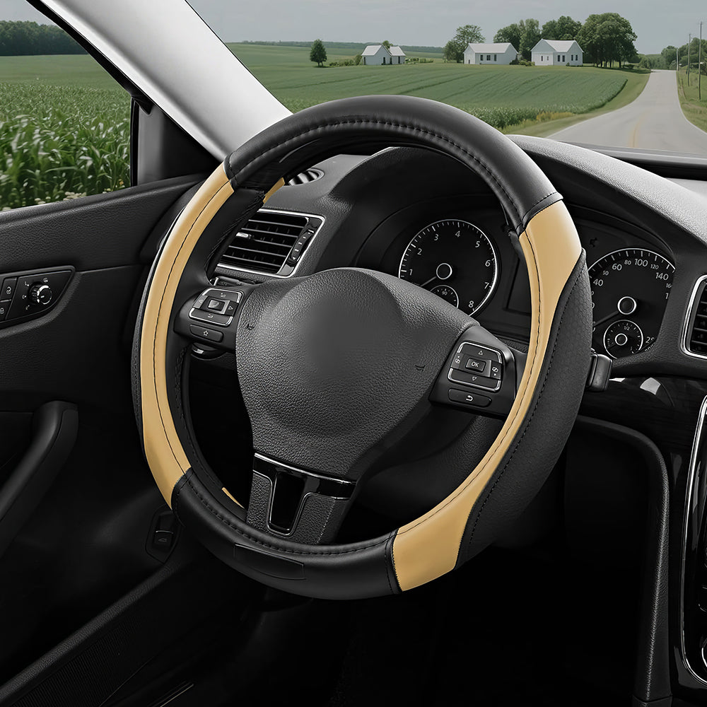 Universal 14.5"-15" Leather Steering Wheel Cover, Anti-Slip & Breathable