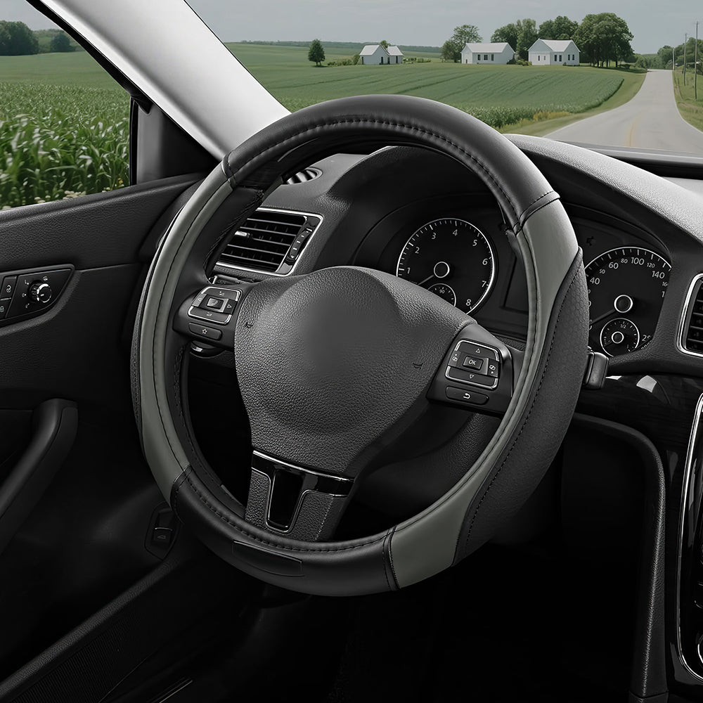 Universal 14.5"-15" Leather Steering Wheel Cover, Anti-Slip & Breathable