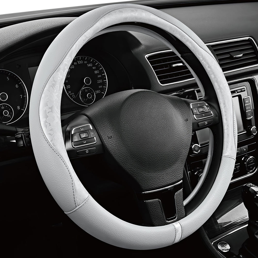 Gold Pattern PU Leather Steering Wheel Cover, Universal 14.5"–15.5"